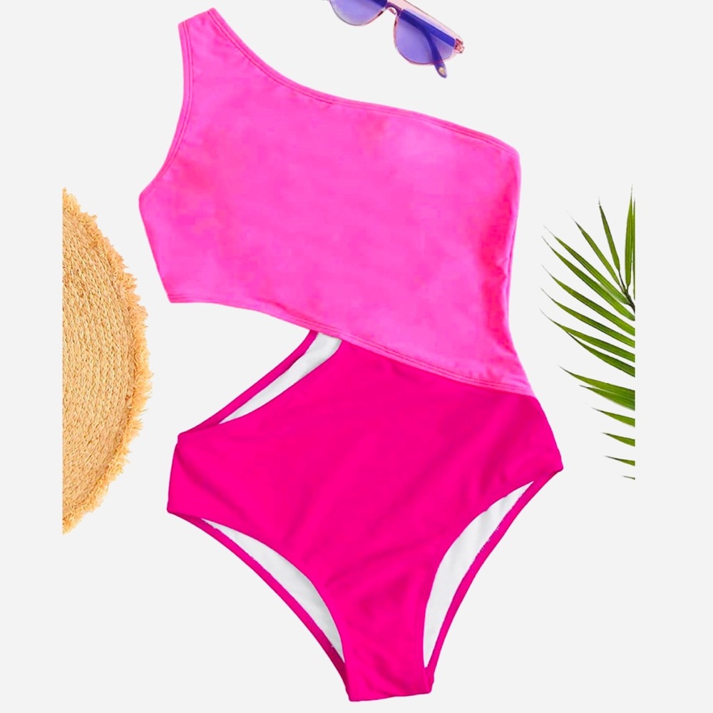 New ✨ Pink One Shoulder Color Blocked Monokini - Picture 5 of 8